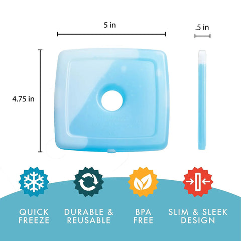 Slim Reusable Ice Packs For Lunch Bags And Coolers Set Of 4 Multicolor, square pack, dimensions 5x0.5x4.75 inches, BPA-free