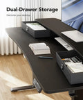 Electric Standing Desk With Two Drawers And Open Storage, 48 By 24 Inch Sit Stand Desk, showcasing desk with organized storage, black.