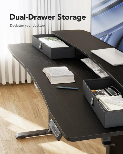 Electric Standing Desk With Two Drawers And Open Storage, 48 By 24 Inch Sit Stand Desk, showcasing desk with organized storage, black.