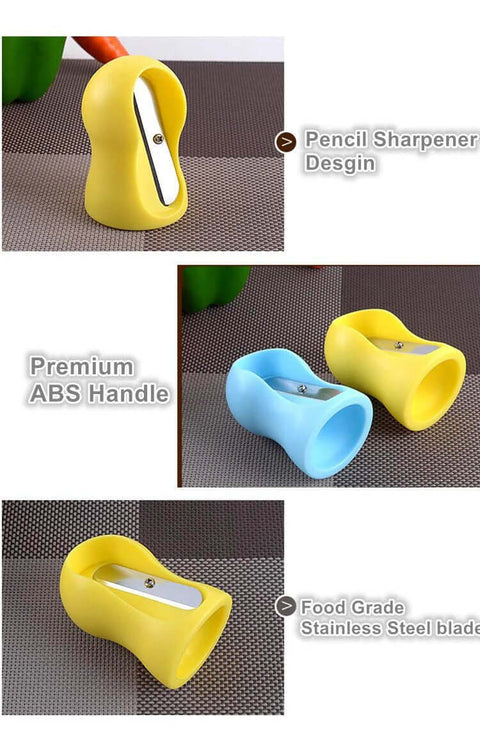 Spiral slicer for carrots and cucumbers; yellow ABS-handle with stainless steel blade (blue variant shown) kitchen tool.