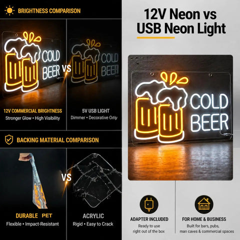 Cold Beer Neon Sign For Pub And Home Bar 12V LED Neon With Flexible PET Backboard Durable Light Comparison Chart