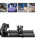 Heavy Duty Carving Rotary Axis Kit With Reliable 2 Phase Motor And Quick 10 To 200 RPM Swaps For Top Tier DIY Etching Jobs On 50W Up To 130W Laser Machines, side view with motor and wheels.