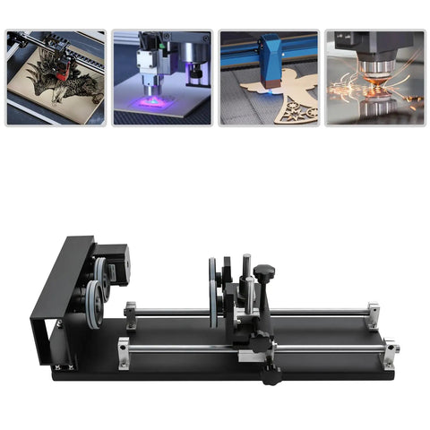 Heavy Duty Carving Rotary Axis Kit With Reliable 2 Phase Motor And Quick 10 To 200 RPM Swaps For Top Tier DIY Etching Jobs On 50W Up To 130W Laser Machines, side view with motor and wheels.
