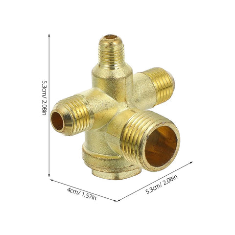 Heavy Duty 4 Way Pneumatic Check Valve Threaded Air Compressor Fitting Zinc Alloy showing size and connection details.