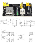 Top view of MB102 Solderless Breadboard Power Supply Module 3.3V And 5V With 700mA Output DC 6.5-12V Or USB, showing green LED and diagram.
