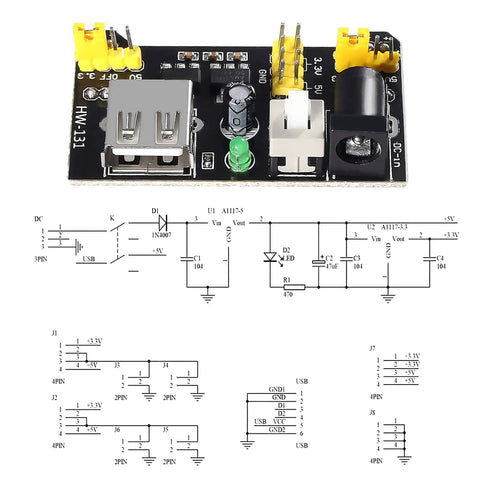 Top view of MB102 Solderless Breadboard Power Supply Module 3.3V And 5V With 700mA Output DC 6.5-12V Or USB, showing green LED and diagram.