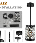 Modern Black Crystal Pendant Lights With 108 Prism Glasses showing installation kit and details in matte black cylindrical chandelier
