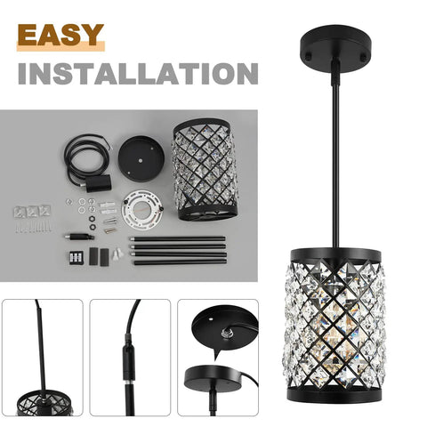 Modern Black Crystal Pendant Lights With 108 Prism Glasses showing installation kit and details in matte black cylindrical chandelier