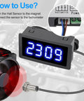 Digital Tachometer With Blue LED Display, 4 Digit RPM Speed Meter For Motors, Hall Proximity Switch NPN Sensor, 12 To 24V DC, High Accuracy 0.1 Percent, No Nonsense Readouts, Ideal For Conveyor Belts And Industrial Machinery. Installed with wired Hall sensor