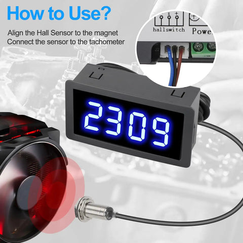 Digital Tachometer With Blue LED Display, 4 Digit RPM Speed Meter For Motors, Hall Proximity Switch NPN Sensor, 12 To 24V DC, High Accuracy 0.1 Percent, No Nonsense Readouts, Ideal For Conveyor Belts And Industrial Machinery. Installed with wired Hall sensor