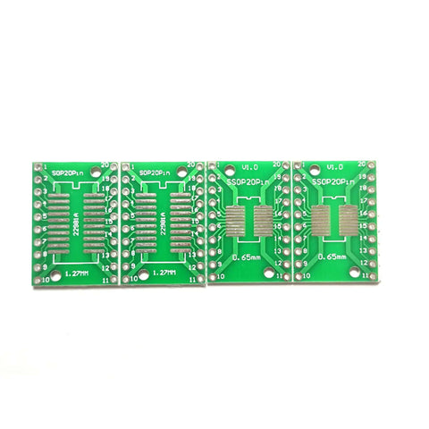 10-Piece SOP20 SSOP20 TSSOP20 To DIP20 PCB Adapter Kit with double-sided FR4 boards for SMD to DIP conversion, 0.65mm/1.27mm pitch.