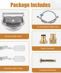 Heavy Duty Stainless Steel Auto Fill Water Bowl With Automatic Float Valve For Dogs And Livestock No Sweat Setup Hella Reliable Outdoor Drinking Trough Kit components including water bowl, pipe, valves, and screws.