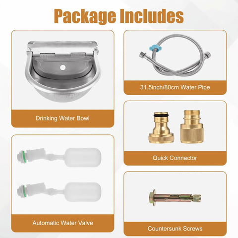 Heavy Duty Stainless Steel Auto Fill Water Bowl With Automatic Float Valve For Dogs And Livestock No Sweat Setup Hella Reliable Outdoor Drinking Trough Kit components including water bowl, pipe, valves, and screws.