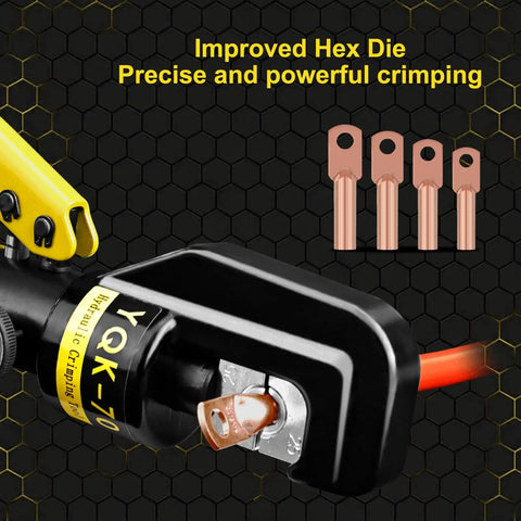 Hydraulic Crimping Tool And Cable Cutter Kit 10 Ton Crimper For 12 AWG To 2/0 Copper And Aluminum Wires 11mm Stroke 180 Degree Rotating Head Includes 9 Die Set For Electrical Terminal Cable Crimping with hex die in use