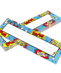 36 Pack Classroom Name Plates For Kids With Large Writing Space featuring colorful comic designs for classroom decor