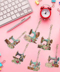 Six Piece DIY 5D Sewing Machine Diamond Painting Keychain Kit Set Double Sided Special Shape on pink background