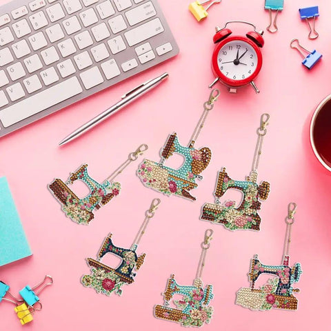 Six Piece DIY 5D Sewing Machine Diamond Painting Keychain Kit Set Double Sided Special Shape on pink background