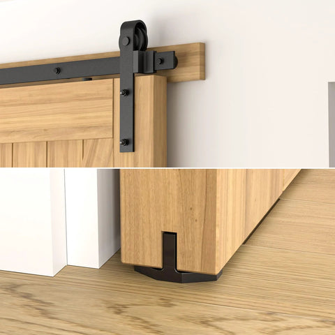 Close-up of Six Point Six Feet Long Sliding Barn Door Hardware Kit For Single Door Sturdy Durable Carbon Steel With Black Coating To Prevent Rust Heavy Duty Easy To Install Fits Thirty Six To Forty Inch Wide Doors J Shape Hanger Included on wooden door.