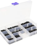 Straight Up Heavy Duty Flat Head Self Tapping Screw Assortment Kit For Wood And Sheet Metal In Black Carbon Steel Nine Sizes One Hundred Pieces Each in clear storage box.