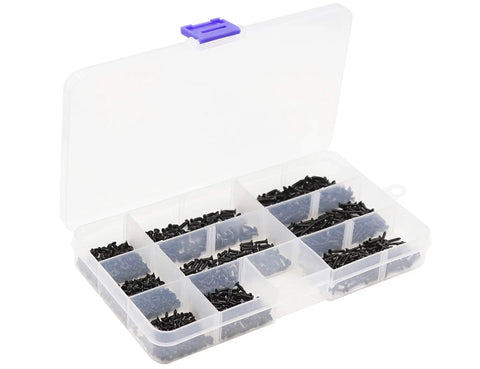 Straight Up Heavy Duty Flat Head Self Tapping Screw Assortment Kit For Wood And Sheet Metal In Black Carbon Steel Nine Sizes One Hundred Pieces Each in clear storage box.