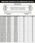76mm Heavy Duty Ball Bearing Drawer Slides Full Extension For Truck Cabinets With Auto Locking Mechanism To Prevent Drawer Drift During Travel Secure Tool Storage For Work Trucks And RVs. dimension chart for 76mm wide steel drawer slides, 500 lb load