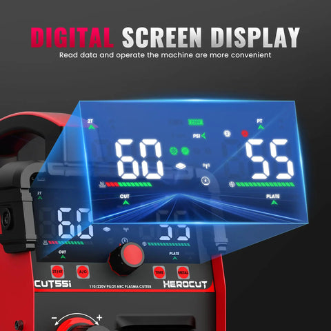 Digital screen display of 55 Amp Plasma Cutter CUT55i Dual Voltage 110V 220V IGBT Inverter with non touch pilot arc.