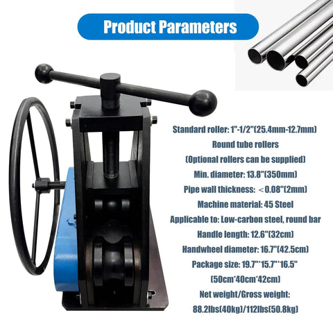 Dinenovate Tr-50 Manual Pipe Bender 1.5 Inch Tubing Roller with black metal frame, large handwheel, and rollers for shaping pipes.