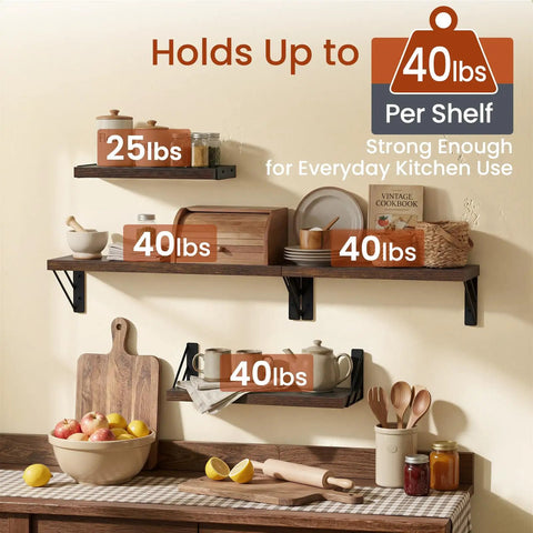Rustic Wood Floating Wall Shelves set of four corner shelves for bathroom, living room, and kitchen storage, sturdy mounts.