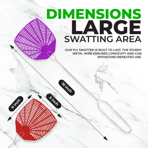 Bug And Fly Swatter 6 Pack With Braided Metal Handles, purple and red swatters with size dimensions and text on marble background