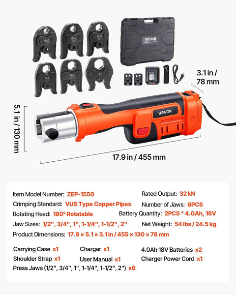 VEVOR 18V Electric Pipe Press Tool with Six VUS Jaws for Copper Crimping, 1/2 to 2 inch sizes, cordless design.
