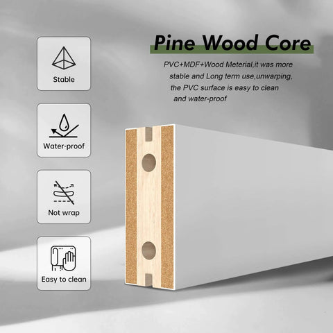 Cross-section view of White 30x84 Inch Barn Door With 5.5 Foot Sliding Hardware Kit Included And Handle Solid Wood And MDF Core With PVC Surface Easy DIY Assembly 5 Panel Design Fits 27 To 28 Inch Opening showing pine wood core.