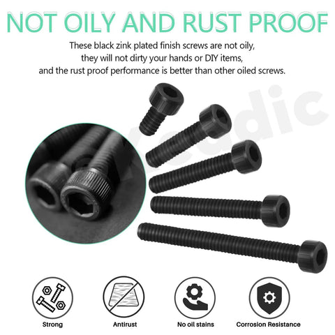 Black zinc plated hex socket head cap bolts, rust proof, non-oily, strong corrosion resistance in close-up view
