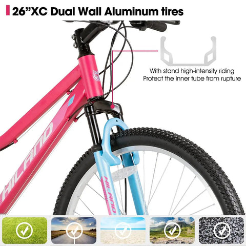 Close-up of 26 Inch Women's Mountain Bike With Step Through Frame Durable Carbon Steel Build 18 Speed Gearing Front Suspension Fork