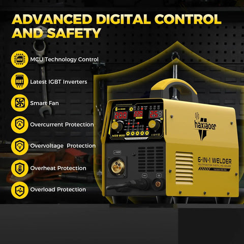Dual Voltage 200A MIG Welder Six In One Multi Process Beast with LED display and safety features in a workshop setting