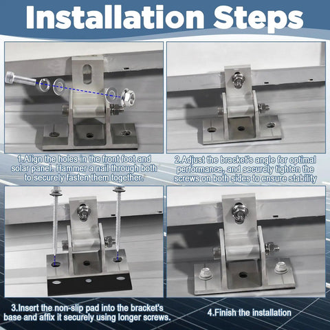 Installation steps for Slap On Those Bad Boy Solar Panel Mount Brackets For Flat Roofs And RV Rigs with aluminum and screws.