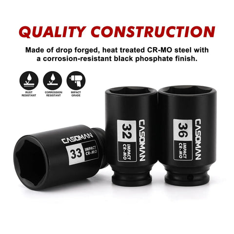 Heavy Duty Half Inch Drive Deep Impact Socket Set 6 Point CR MO Steel 32 33 36mm 4 Piece Drop Forged With Black Finish