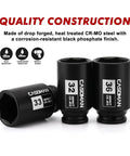 One Half Inch Drive Deep Axle Nut Socket Set, Six Point Impact Sockets 30mm Through 36mm, Six Piece, CR MO Steel, Black Oxide Finish