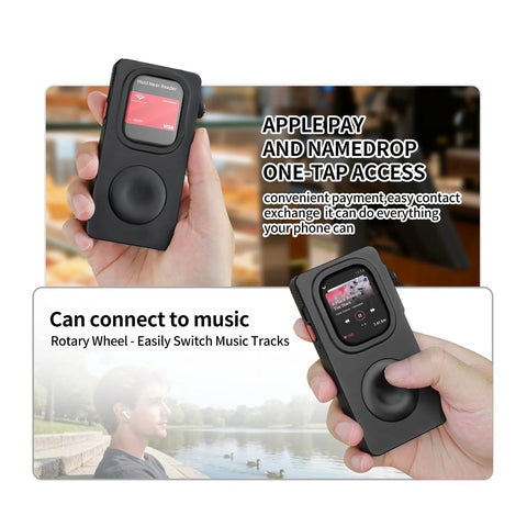 Black aluminum Apple Watch protective case for 40-49mm watches with retro iPod-style click wheel; two-angle view.