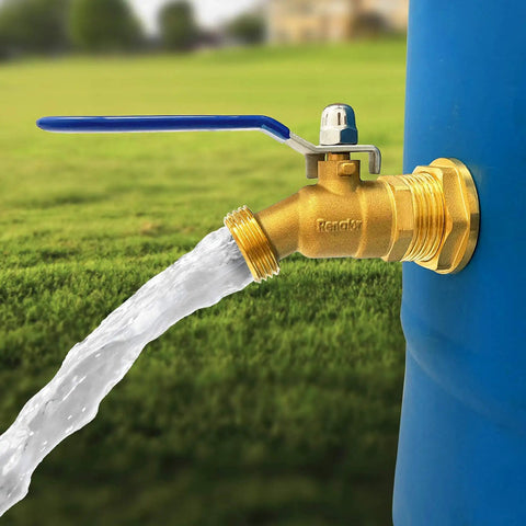 Brass Rain Barrel Spigot Kit With Lead Free Three Quarter Inch Quarter Turn Ball Valve, Bulkhead Fitting, Tape, No Brainer Install, And Easy Flow For 55 Gallon Drums And Any Rain Barrel installed on a blue rain barrel