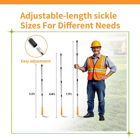 Adjustable Long Handled Weeding Sickle With High Carbon Steel Blade, showing different pole lengths for easy yard work.