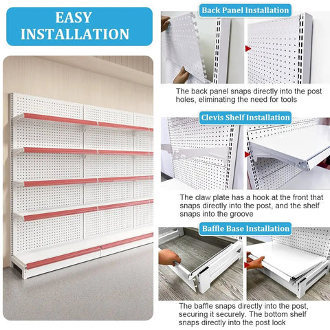 Easy installation guide for Top Shelf Double Sided Gondola Shelving Display Featuring Adjustable Four Tier Store Shelves.