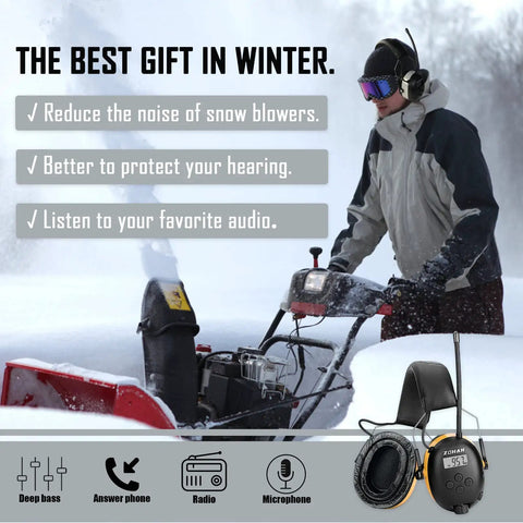 Person using a snow blower wearing AM FM Radio Headphones With Digital Display Gel Ear Pads And Noise Reduction Earmuffs