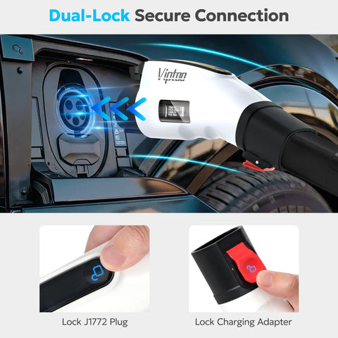 Tesla to J1772 EV Charging Adapter, 60A 250V AC, digital display, secure lock plug, connected to electric vehicle port