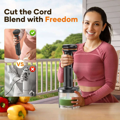 Cordless Immersion Blender With Removable 6000mAh Battery And Magnetic Fast Charging in use, blending green smoothie outdoors.