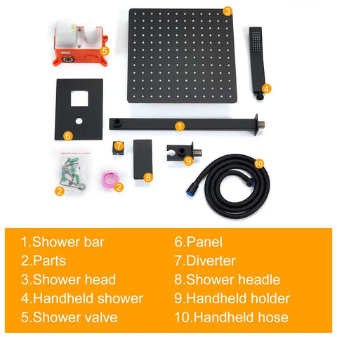 12 Inch Luxury Black Wall Mounted Shower System With Rain Mixer Complete Shower Faucet Set Rainfall Head Handheld Sprayer components
