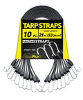 10-Pack of 21-Inch Tarp Straps with Crimped S Hooks, suitable for securing cargo, tarps, trucks, and motorcycles outdoors.