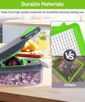 Front view of grey and green AISHUJIE 13-in-1 veggie chopper with container and chopped onions inside