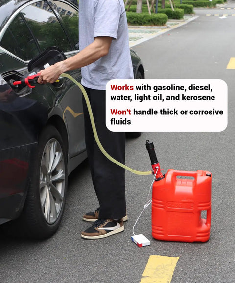 Portable Plug And Play Electric Fuel Transfer Pump With Usb C and Heavy Duty Batteries siphoning gasoline into a car.