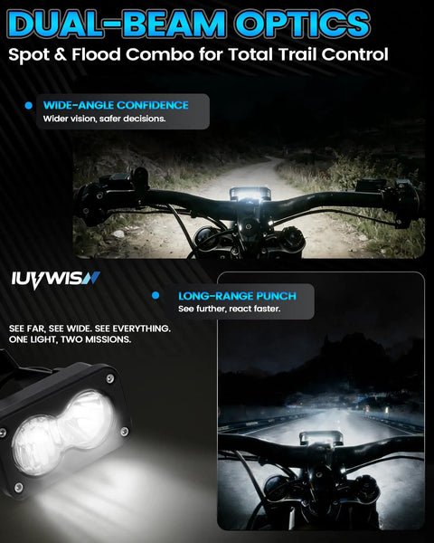 6000-6500K LED Dirt Bike Light Bar for Surron with dual-beam optics lighting up trail at night