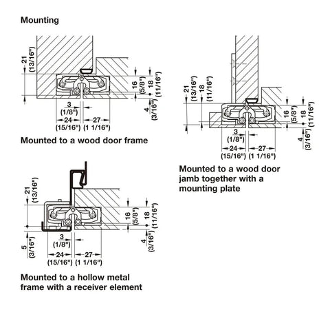 Diagram showing mounting options for Dope Hidden Door Hinge TE 240 for unrebated doors on wood and metal frames.